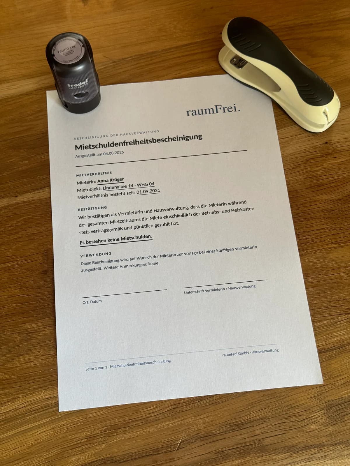 Beispiel einer Mietschuldenfreiheitsbescheinigung in wohnen